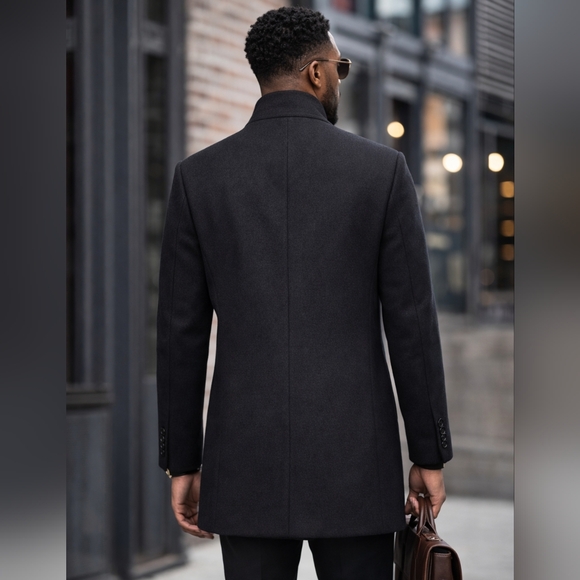 Men’s Jet Black Wool Blend Car Coat Tailored Classic Minimalist Jacket Size Med - Picture 3 of 16